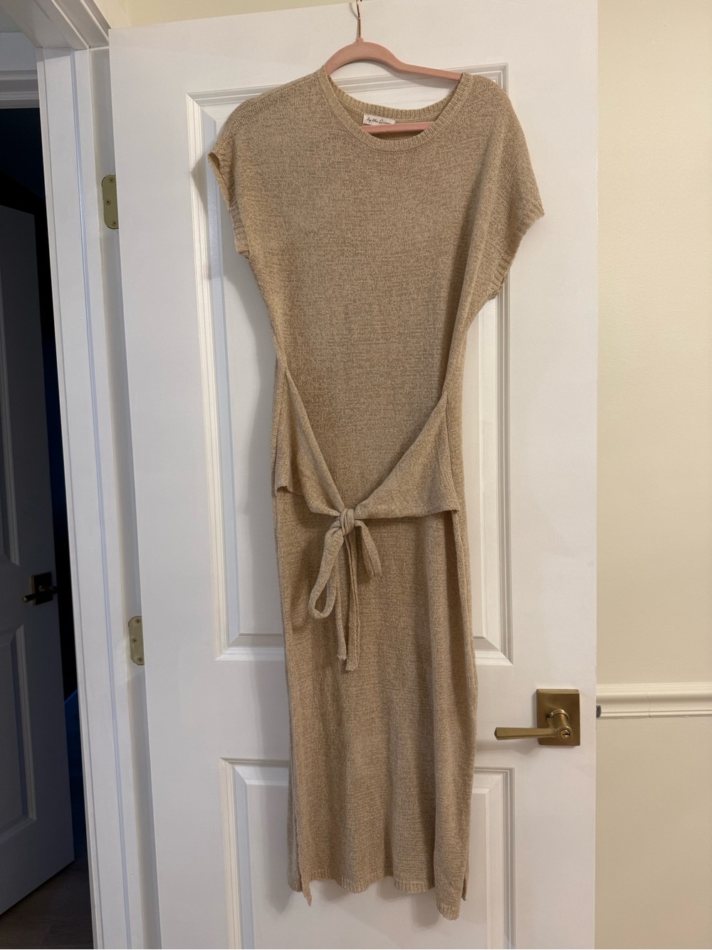 Tie-Waist Knit Midi Dress in Tan